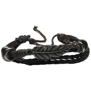 Brown Leather Braided Bracelet with Beads and Leaf Detail